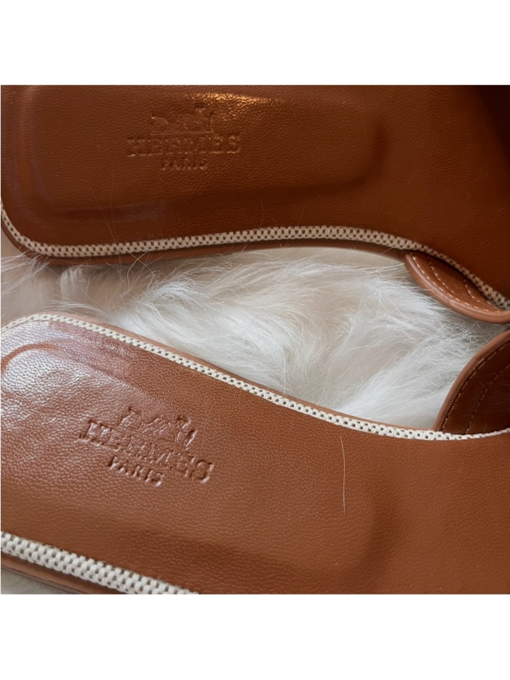 Hermes Brown Leather & Beige Canvas Oran Slide Sandals - Women's size 8 - Picture 4 of 5